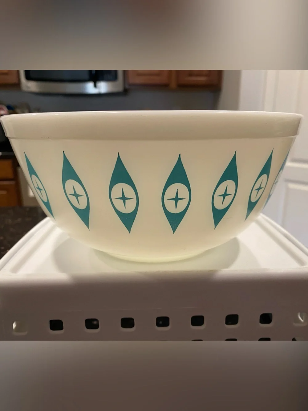 Pyrex White Mixing Bowl with Teal Mid-Century Atomic Eyes Pattern